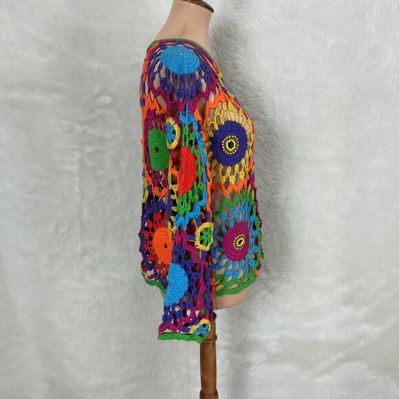 Vintage 90s Y2K Open Crochet Beaded Rainbow Multicolor Crop Top One Size - Picture 5 of 6
